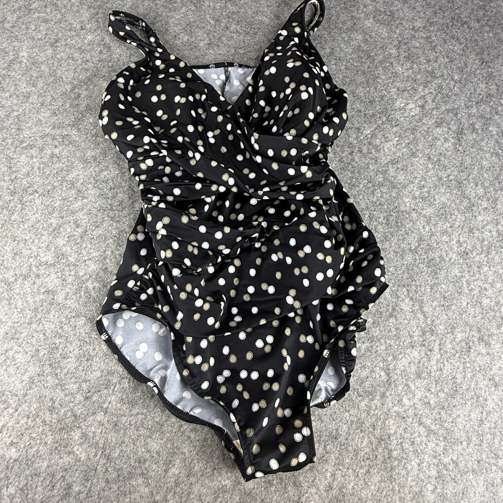 Trimshaper Black White Gold Polka Dot Ruched Sides Slimming Swimsuit 16W Support
